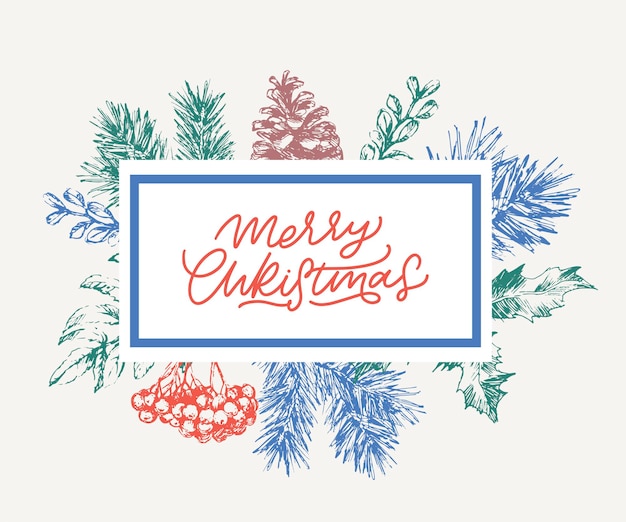 Feliz navidad y feliz año nuevo tarjeta botánica abstracta con banner de marco cuadrado y tipografía moderna diseño de saludo de colores pastel verde y rosa aislado