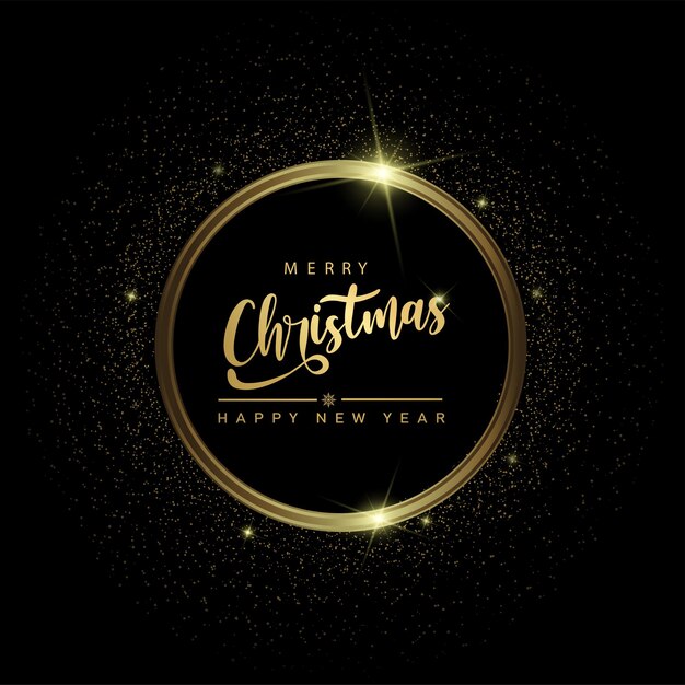 Feliz Navidad y feliz año nuevo tarjeta círculo dorado brilla. Vector.