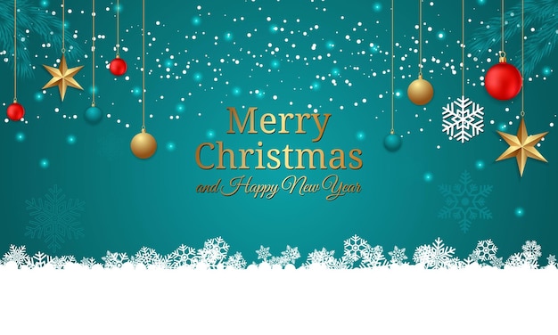 Feliz Navidad y Feliz Año Nuevo Tarjeta de felicitación con adornos colgantes y copos de nieve