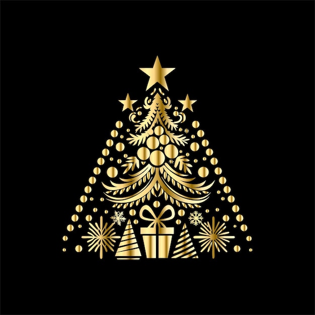Feliz Navidad y Feliz Año Nuevo tarjeta de felicitación con árbol de Navidad dorado y regalos Vector