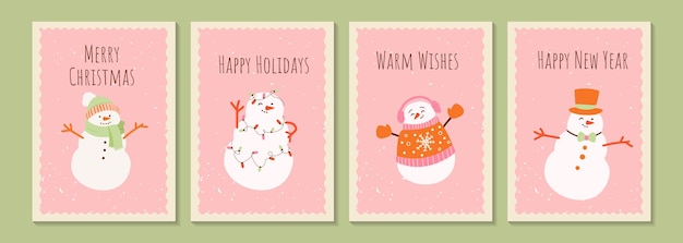 Feliz Navidad y feliz año nuevo tarjeta de felicitación con bonito muñeco de nieve en disfraz de invierno