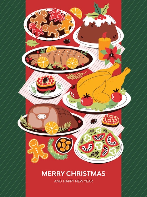 Feliz Navidad y feliz año nuevo tarjeta de felicitación cartel banner Familia festiva Cena de Nochevieja Comida tradicional de vacaciones Vista superior Dibujos animados coloridos ilustración vectorial plana de mesa de Navidad