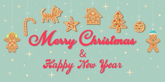 Feliz Navidad y feliz año nuevo tarjeta de felicitación con galletas de jengibre colgantes. Ilustración de vector.
