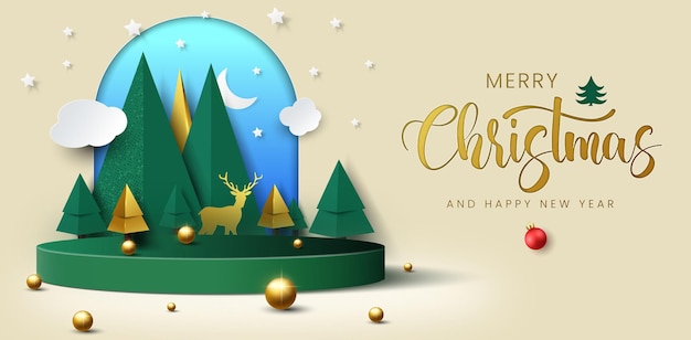 Feliz Navidad y feliz año nuevo tarjeta de felicitación con ilustración. Combinación de verde y dorado.