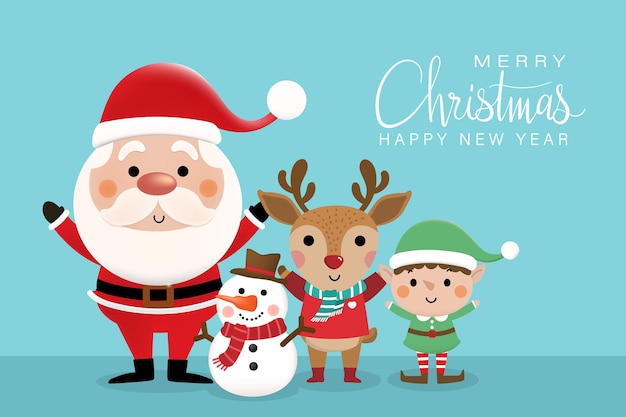 Feliz Navidad y feliz año nuevo tarjeta de felicitación con lindo muñeco de nieve y ciervos elfo de Santa Claus