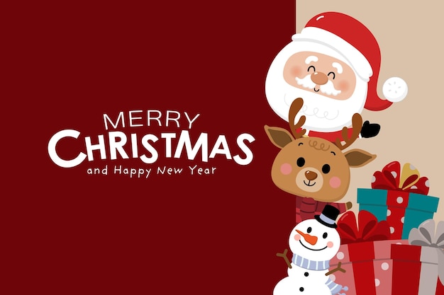 Feliz Navidad y feliz año nuevo tarjeta de felicitación con lindo muñeco de nieve y ciervos de Santa Claus pequeño duende