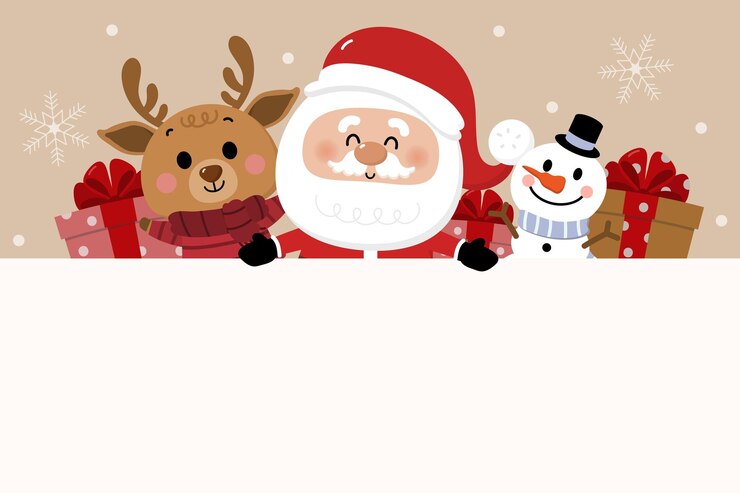Vector feliz navidad y feliz año nuevo tarjeta de felicitación con lindo muñeco de nieve y ciervos de santa claus pequeño duende