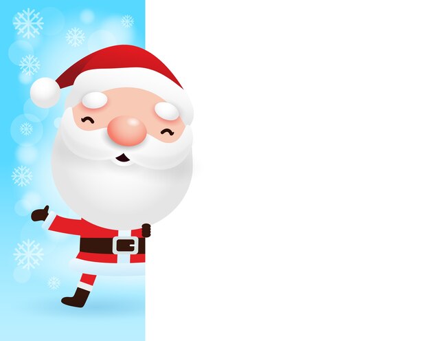 Feliz Navidad y feliz año nuevo tarjeta de felicitación con lindo Papá Noel y letrero grande en banner de invierno de escena de nieve de Navidad