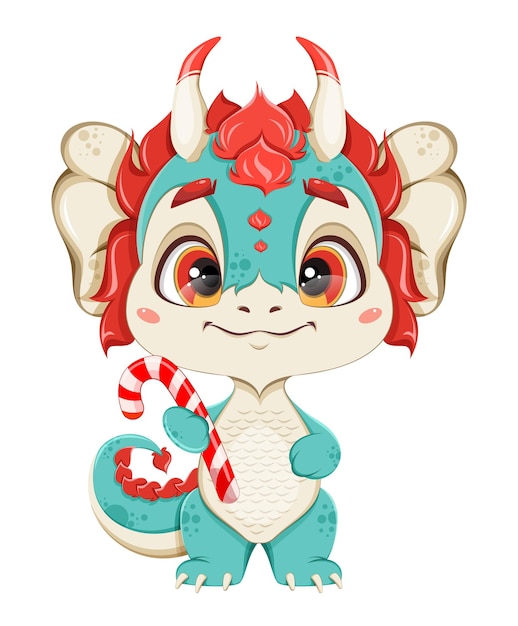 Vector feliz navidad y feliz año nuevo tarjeta de felicitación lindo pequeño dragón con caña de caramelo