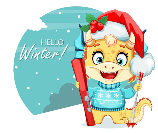 Feliz Navidad y Feliz Año Nuevo tarjeta de felicitación Lindo pequeño dragón con esquís