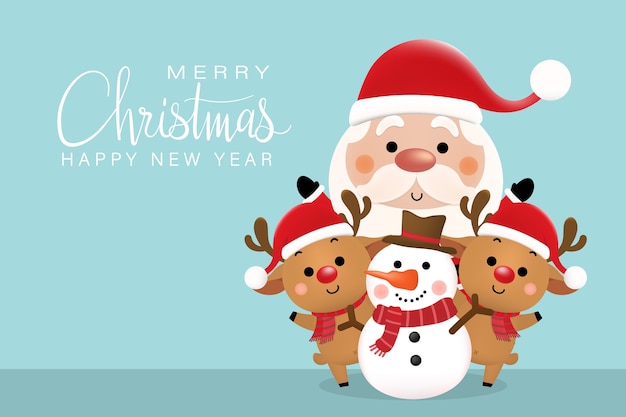 Feliz navidad y feliz año nuevo tarjeta de felicitación con lindo santa claus, ciervos y muñeco de nieve.
