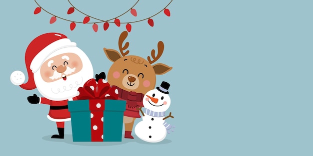 Feliz navidad y feliz año nuevo tarjeta de felicitación con lindo santa claus pequeño elfo hombre de nieve y ciervo