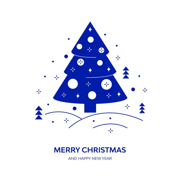 Feliz Navidad y feliz año nuevo tarjeta de felicitación o pancarta Silueta de un árbol de Navidad de año nuevo en el fondo del paisaje invernal Ilustración plana vectorial en estilo minimalista geométrico de moda