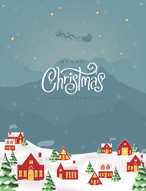 Feliz Navidad y feliz año nuevo tarjeta de felicitación pancarta de fondo con escena nocturna Navidad de invierno
