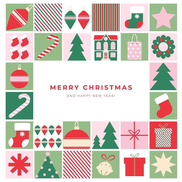 Feliz Navidad y Feliz Año Nuevo tarjeta de felicitación portada de bandera en estilo geométrico simple con formas simples de caramelos de bola de árbol de Navidad