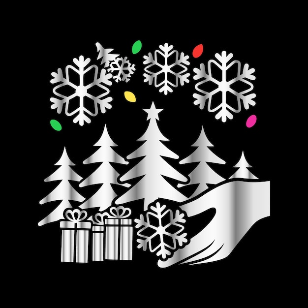 Feliz Navidad y Feliz Año Nuevo Tarjeta de felicitación con regalos de árbol de Navidad y copos de nieve Vector