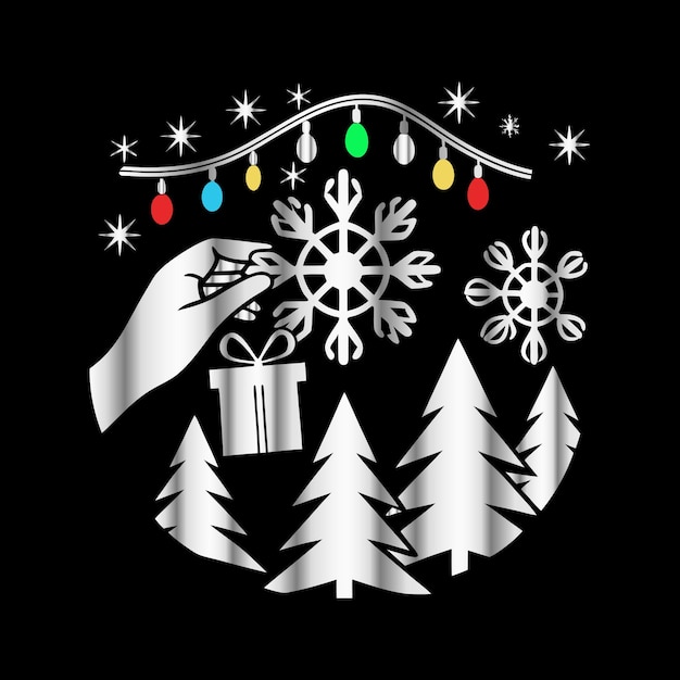Feliz Navidad y Feliz Año Nuevo Tarjeta de felicitación con regalos de árbol de Navidad y copos de nieve Vector