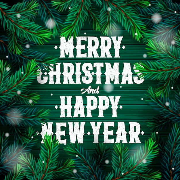 Feliz Navidad y feliz año nuevo tarjeta de felicitación con texto de ramas de árboles de Navidad