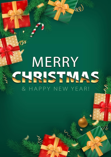 Feliz Navidad y Feliz Año Nuevo tarjeta de felicitación vertical con decoraciones festivas y regalos de Navidad