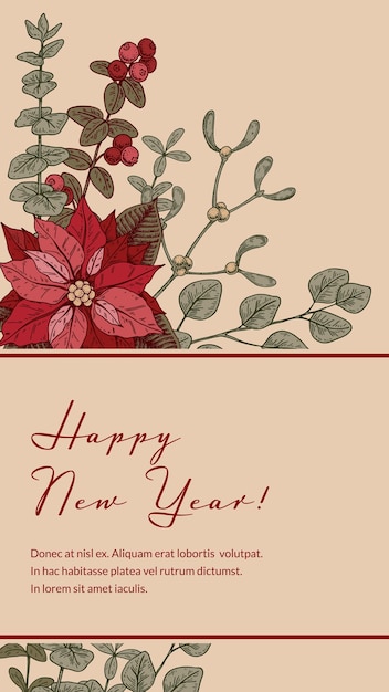 Feliz Navidad y Feliz Año Nuevo tarjeta de felicitación vertical con flor de nochebuena dibujada a mano y brunch de muérdago Plantilla de historias de redes sociales Ilustración vectorial en estilo boceto