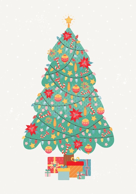 Feliz Navidad y feliz año nuevo tarjeta de felicitación vintage. El árbol de Navidad está ricamente decorado con guirnaldas, juguetes de árbol, bastón de caramelo, Poinsettia. Gran montón de regalos debajo del árbol. Ilustración de vacaciones