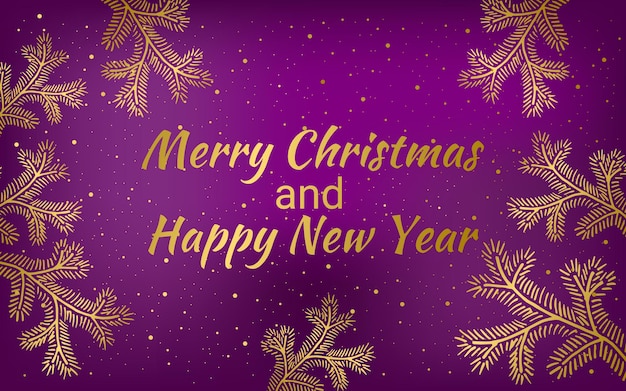 Feliz Navidad y Feliz Año Nuevo Tarjeta de Navidad de terciopelo violeta con árbol de Navidad dorado y nieve