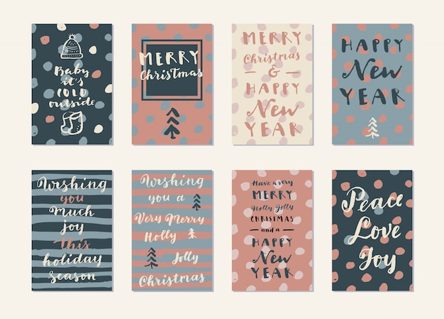 Feliz navidad y feliz año nuevo tarjetas caligráficas modernas dibujadas a mano