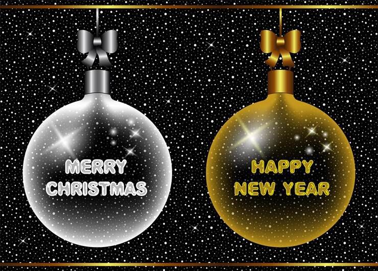 Feliz Navidad y Feliz Año Nuevo tarjetas de felicitación bolas de oro y plata sobre un fondo brillante negro