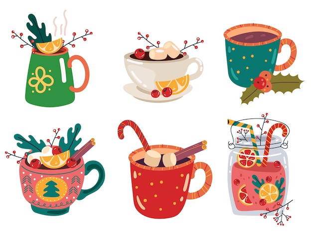 Feliz navidad y feliz año nuevo taza de bebida caliente conjunto de ilustración de concepto de elemento de diseño abstracto