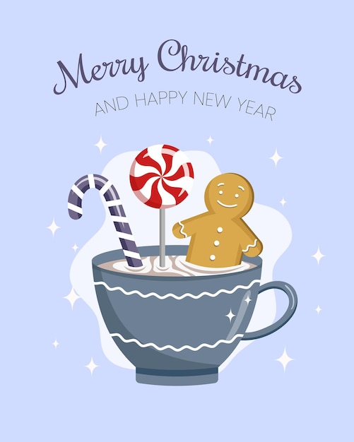 Feliz Navidad y Feliz Año Nuevo Taza de bebida caliente con galleta de piruleta y caña dulce Ilustración vectorial