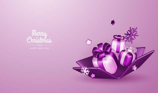 Feliz Navidad y feliz año nuevo telón de fondo árbol de Navidad cajas de regalos bolas de Navidad Navidad