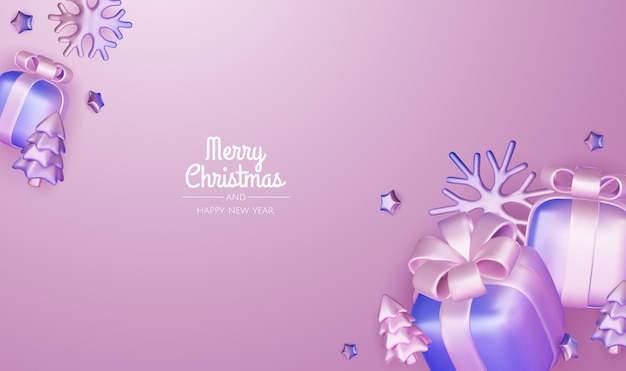 Feliz Navidad y feliz año nuevo telón de fondo árbol de Navidad cajas de regalos bolas de Navidad Navidad