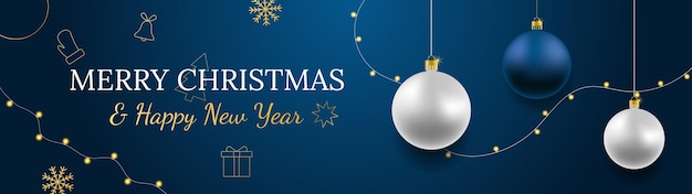 Feliz Navidad y feliz año nuevo vector banner Copos de nieve de adornos de oro rosa y azul realistas colgando sobre fondo azul oscuro con guirnalda realista y confeti Icono de Navidad de oro de fondo