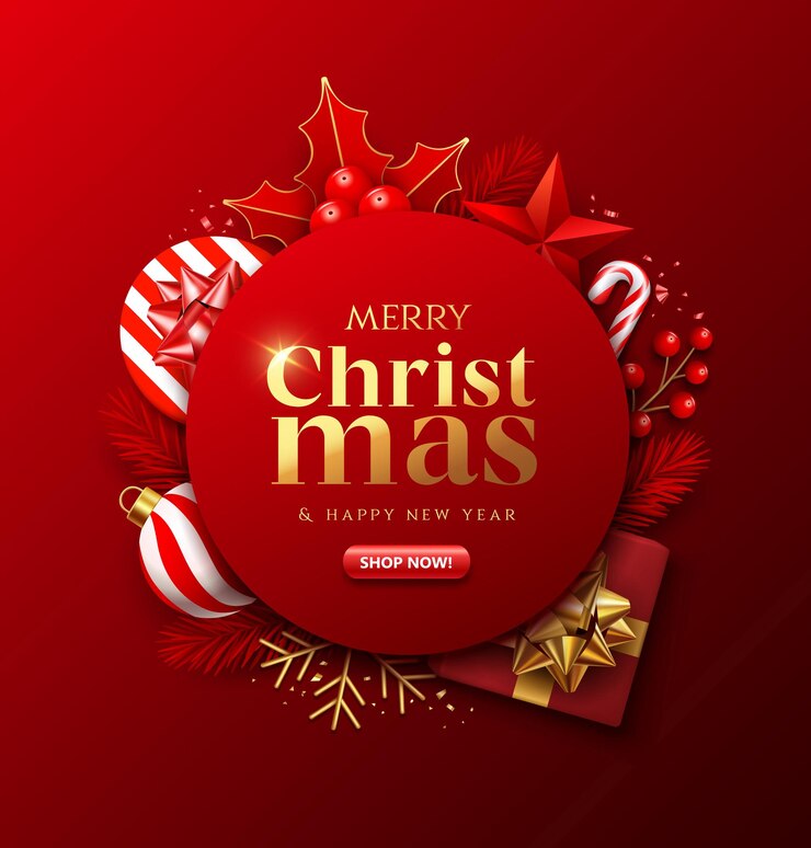 Vector feliz navidad y feliz año nuevo venta diseño de forma de círculo caja de regalo roja cinta de oro