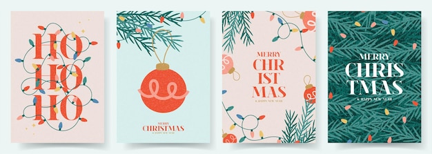 Feliz Navidad y Feliz Año Nuevo volantes Ilustración vectorial de moda con decoración navideña y