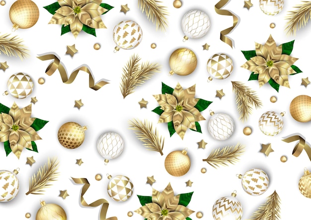 Feliz Navidad y Feliz Año Nuevo Xmas fondo con poinsettia copos de nieve estrella y bolas diseño