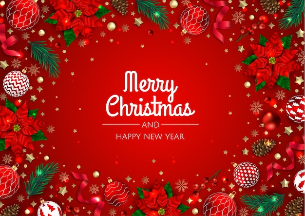 Feliz Navidad y Feliz Año Nuevo Xmas fondo con poinsettia copos de nieve estrella y bolas diseño