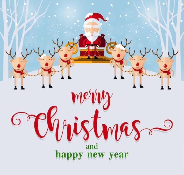 Feliz Navidad Feliz Navidad compañeros. Santa Claus, muñeco de nieve, renos y elfos en escena de nieve de Navidad con estilo artesanal en el fondo.