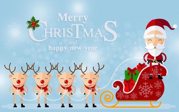 Feliz Navidad Feliz Navidad compañeros. Santa Claus, muñeco de nieve, renos y elfos en escena de nieve de Navidad con estilo artesanal en el fondo.
