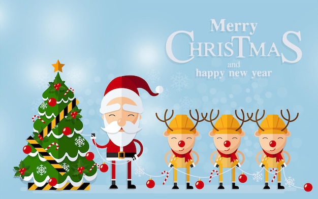 Feliz Navidad Feliz Navidad compañeros. Santa Claus, muñeco de nieve, renos y elfos en escena de nieve de Navidad con estilo artesanal en el fondo.