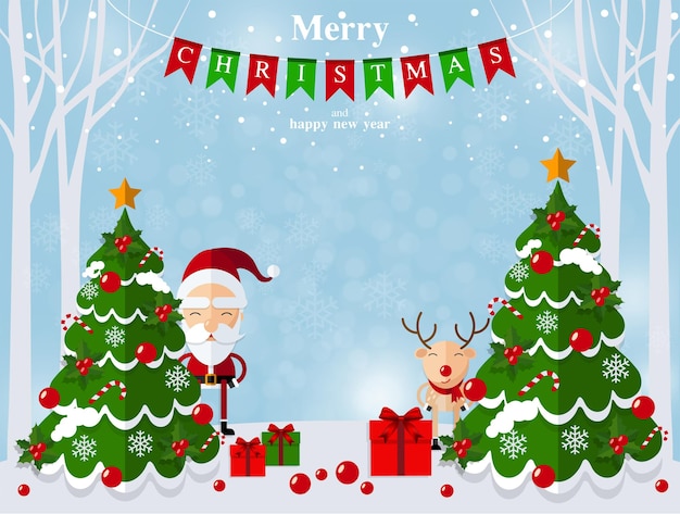 Feliz Navidad Feliz Navidad compañeros. Santa Claus, muñeco de nieve, renos y elfos en escena de nieve de Navidad con estilo artesanal en el fondo.