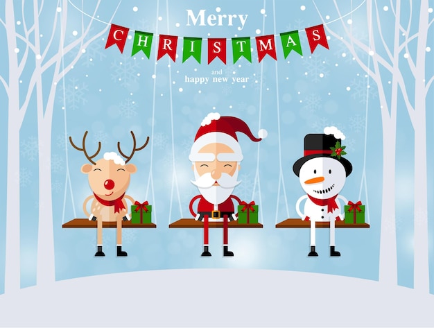 Feliz Navidad Feliz Navidad compañeros. Santa Claus, muñeco de nieve, renos y elfos en escena de nieve de Navidad con estilo artesanal en el fondo.