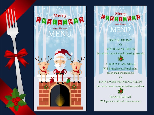 Feliz Navidad Feliz Navidad conjunto de menú. Santa Claus, muñeco de nieve, renos y elfos en escena de nieve de Navidad con estilo artesanal en el fondo.
