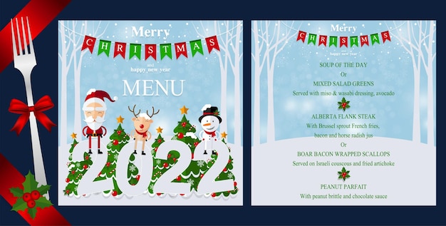 Feliz Navidad Feliz Navidad conjunto de menú. Santa Claus, muñeco de nieve, renos y elfos en escena de nieve de Navidad con estilo artesanal en el fondo.