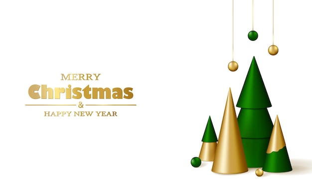 Feliz Navidad fondo 3D realistas árboles de Navidad decorativos dorados y verdes y guirnaldas