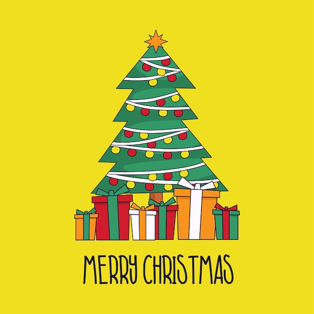 Feliz Navidad en el fondo amarillo diseño plano de stock vectorial