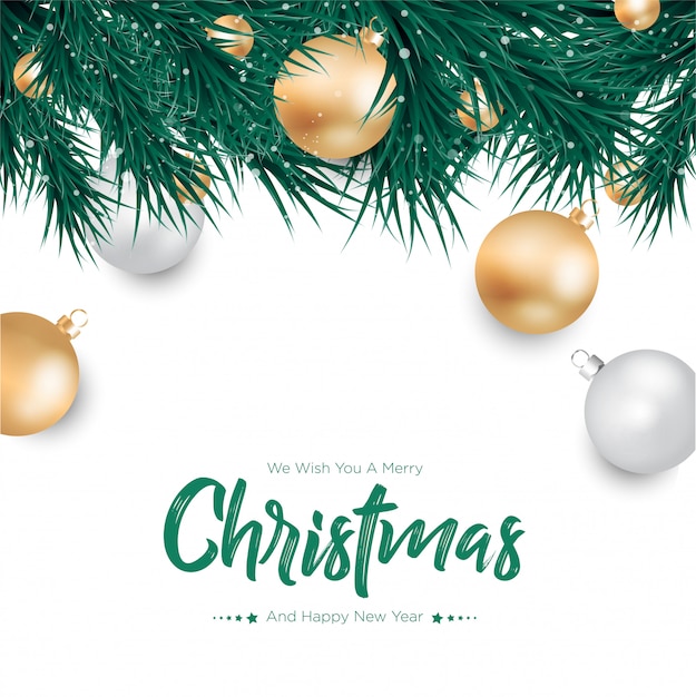 Feliz navidad con fondo de bolas de oro y plata