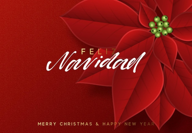 Feliz Navidad, fondo decorado con hermosas flores de poinsettia de cogollos rojos.
