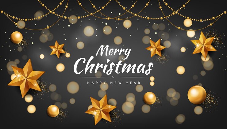 Feliz Navidad fondo negro con puntos brillantes, estrellas doradas y burbujas Vector