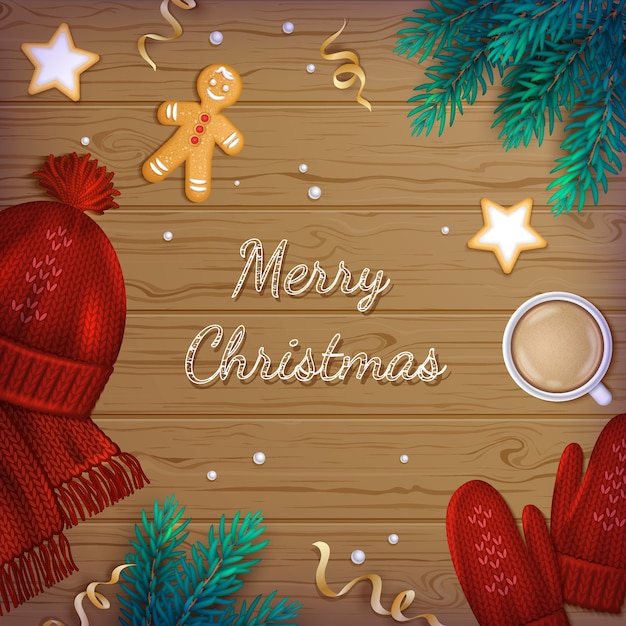 Feliz Navidad de fondo. Ramas de Winter Elements, sombrero, bufanda, guantes, galletas